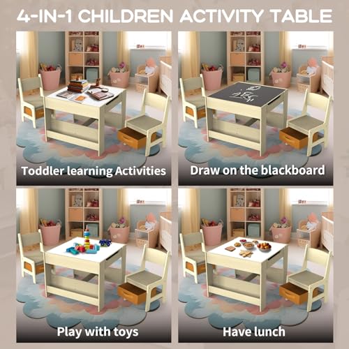 Image of Joyooss Kids Table and Chair Set,4 in 1 Wooden Activity Toddler Table and Chairs Ages 3-7,2 in 1 Tabletop Drawing Reading Crafts Toddler Desk for Playroom,Kid Art Desk for Nursery Storage