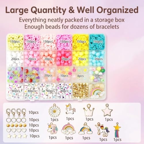 Image of SANNIDHI Bracelet Making Set, Clay Beads Kit, Macaron Color Beads for Bracelet Making for Girls Kids, Letter Beads with Unicorn Pendants, Crystal Star Flower Hair Beads Set for DIY Jewellery Crafts