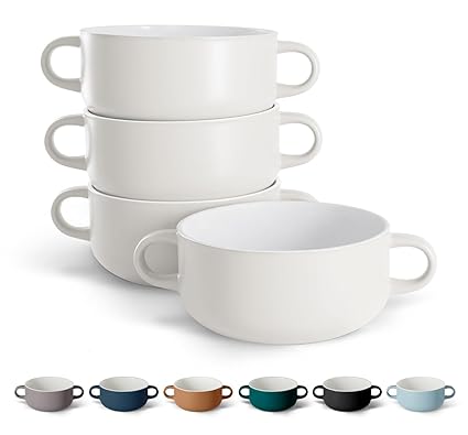 KooK Soup Crocks, Ceramic Bowls, Broil, Oven, Microwave and Dishwasher Safe, with Handles, For Casserole, Pasta, Cereal, 18 oz, Set of 4 (White)