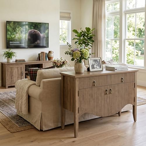 Image of FUSUNBAO 40 inch Fluted Buffet Storage Cabinet, Sideboard Credenza,Light Oak | Retro,Storage Cabinet,Fluted Sideboard Credenza, 2 Drawer, Accent Bar Cabinet, For Living Room, Dining Room, Entryway