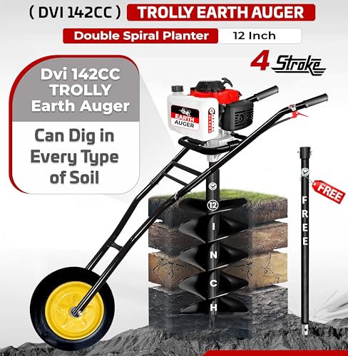 Image of DVI 142CC Trolley Earth Auger Machine, 4-Stroke Petrol Engine - with 12 Inch Double Spiral Planter Bits & Free Extension Rod | for Plantation, Fencing & Post Hole Digging in All Soil Types.