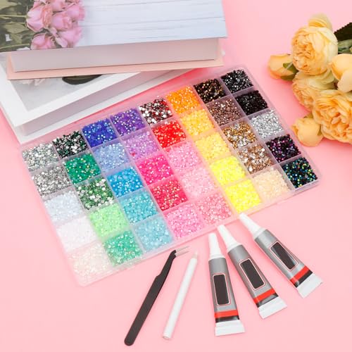 DJAPWPX 32000 Pcs Resin Jelly Rhinestones with Tweezers, 40 Colors 3mm Flatback Gems, Bedazzling Crystal for DIY Crafts Clothing Tumblers Mugs Shoes Fabric Nail Art for Crafting, Varied Shape