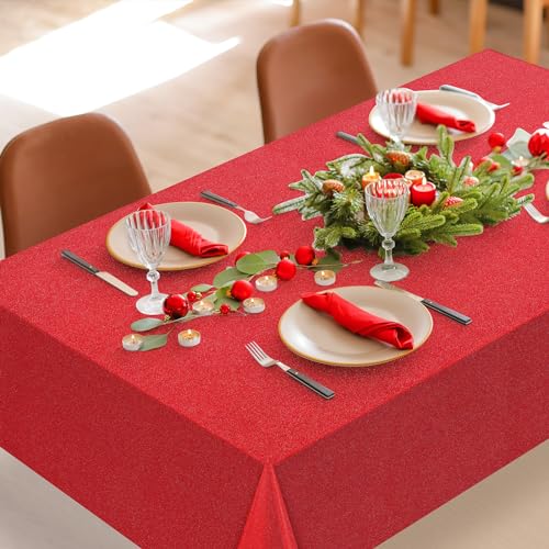 Image of FunnyPars 6 Pack Iridescent Red Plastic Tablecloth,Glitter Disposable Laser Rectangle Table Covers,Red Holographic Foil Table Cloth Christmas Birthday Wedding Anniversary Party Decorations,54x108Inch
