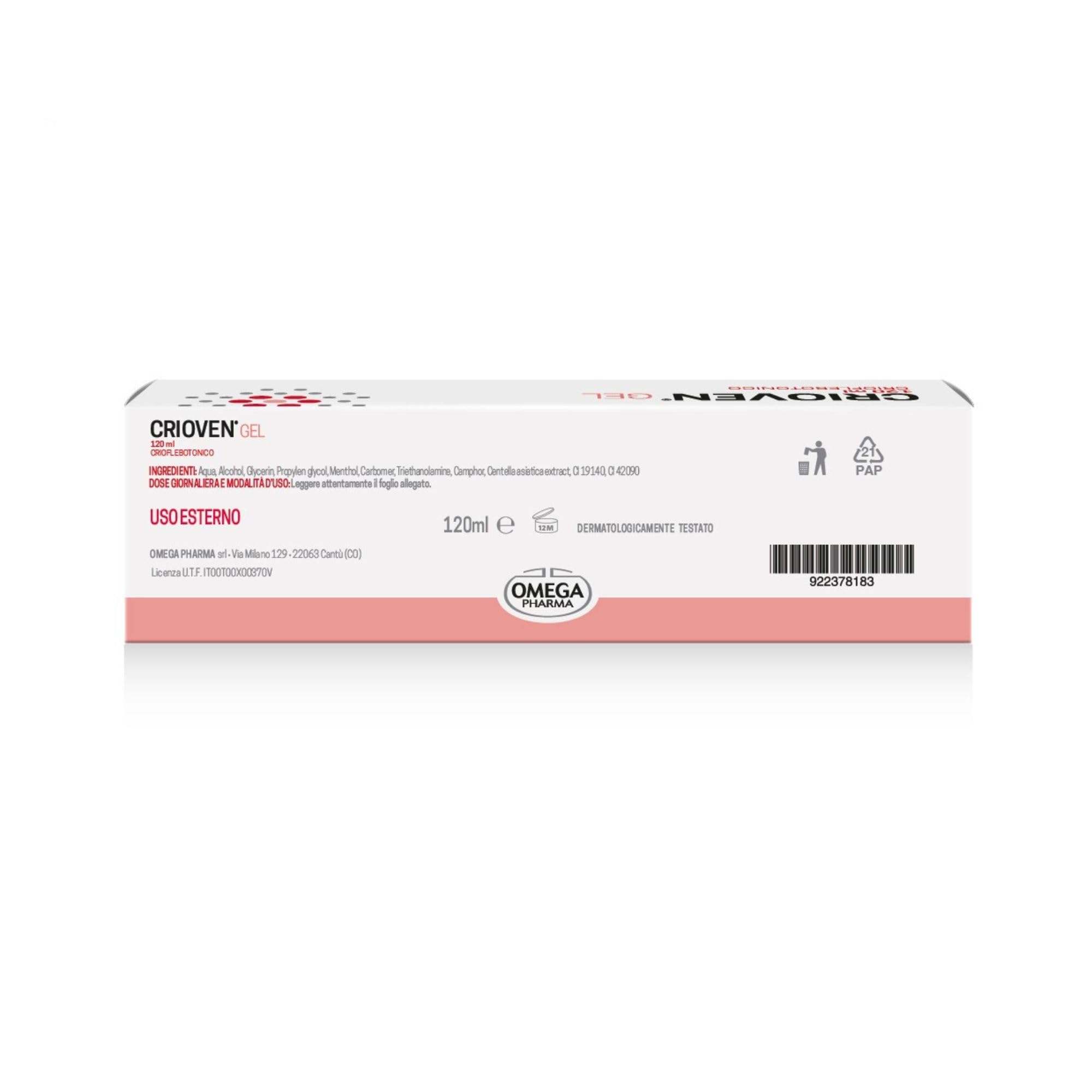 Omega Pharma - Crioven Gel Effetto Freddo a base di Centella Asiatica, Sollievo per Gambe Gonfie - 120 ml