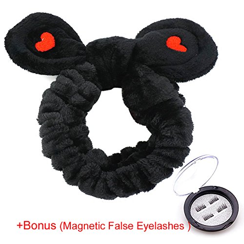 M_FIT Bowtie Ear Plush Headbands, Adjustable Bunny Ears Tie, Extrame Soft, Comfort to Makeup Wash Spa Shower Facial Hair Band for Girls and Women (Black-love)