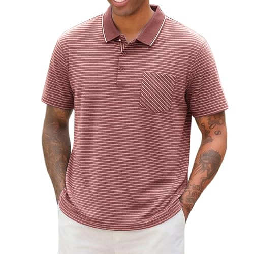 Polo para hombre a rayas de algodón con mangas cortas, clásico cuello, casual y para golf con bolsillo