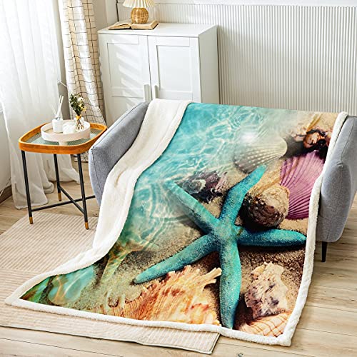 Erosebridal Ocean Beach Fleece Blanket Starfish Conch Shell Blanket Throw Teal Calm Sea Coastal Sherpa Blanket For Kids Girls Women Hawaiian Beach Holiday Fuzzy Blanket Twin 60"X80" Purple Yellow #TOP1