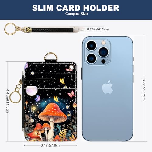 Image of Slim Wallet Credit Card Holder, Colored Mushroom, RFID Wallet Women Cute Small Front Pocket Wallet With Zipper, PU Leather Thin travel RFID Blocking Card Case ID Window,Ladies Gifts