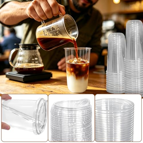 Image of 50 Pack 20OZ Clear Plastic Cups with Lids | Disposable, Iced Coffee Cups, Sip Through Lids, For Cold Beverage Juice Smoothie Milkshake, Wedding Party