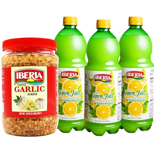 Iberia Chopped Garlic In Water, 32 oz + Iberia 100% Lemon Juice, 32 Ounce (Pack of 3)
