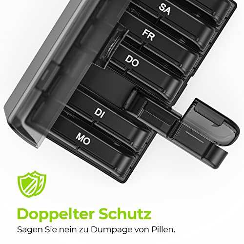 AUVON Tablettenbox 7 Tage Morgens Abends, Handlicher Medikamentenbox Pillendose mit großen Fächern & Privacy-Schutz in Schwarz - Ideal für Medikamente, Vitamine, Fischöl & Nahrungsergänzungsmittel