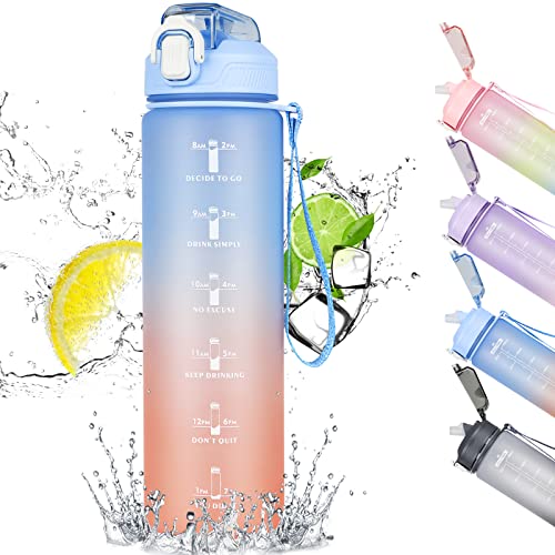 CodiCile Trinkflasche 1L,Trinkflasche mit Strohhalm und Zeitmarkierung, auslaufsichere 1L Wasserflasche mit Deckel, BPA-freie Trinkflasche sport für Sport, Büro, Fahrrad, Laufen (blauer Farbverlauf)