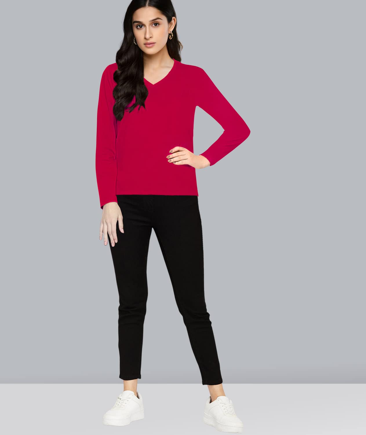 TVP Fashions Premium Plain Women V Neck Full Sleeves Cotton Tshirt. Festive,Offer,Discount,Sale,Limited Edition, Trending Tees and Tshirts. (DarkPink_Small) 3