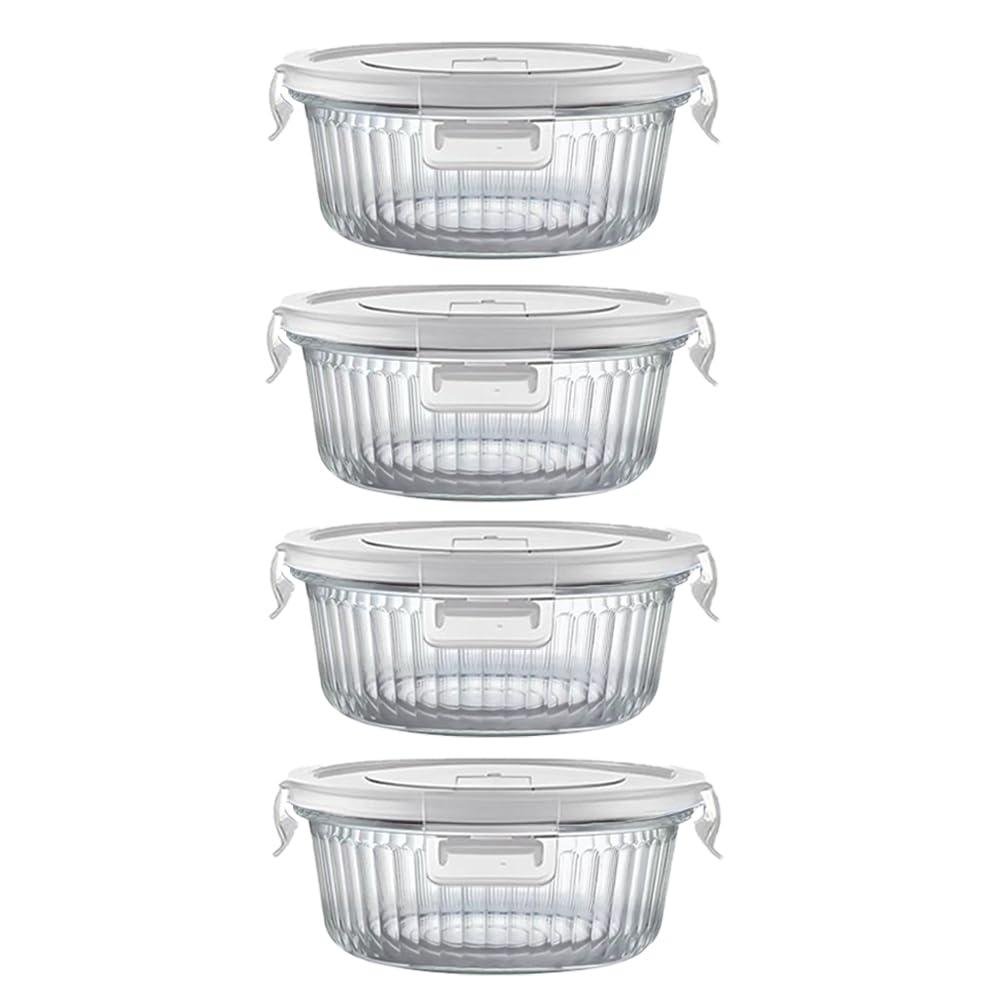 H.JSS WDJS 4Pack Kleine Rund Glas Meal Prep Boxen, Runde Glasbehälter mit Deckel BPA-Fre, Kleine Meal Prep Gläser für Mikrowelle, Gefrierschrank und SpüLmaschine, Ideal für Suppe, Lunc (Weiß-370ml)