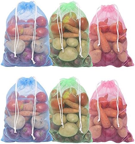 Set Of 6 Drawstring Mesh Reusable Fridge Storage Bag For Fruits & Vegetables