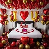 I Love You Balloons for Him/Her Balloons Red gold romantic balloon kit with Red heart LOVE mylar balloons Red rose petals for hotel Decorations Valentines Party wedding anniversary supplies