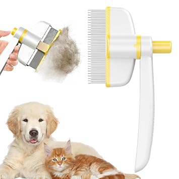 Pet Hair Removal Comb Flea Comb, Multifunctional Cat Brush with Release Button, Grooming Brush Supplies for Detangling Thinning and Shedding, All Hair Types Yellow
