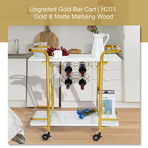 Jubao Deluxe Gold Bar Cart, With Glass Holders And Wine Racks, Modern Marbled Solid Wood Cart On Silent Wheels, 2-Tier Premium Texture Bar Cart For Kitchen And Dining Room Outdoor #TOP7