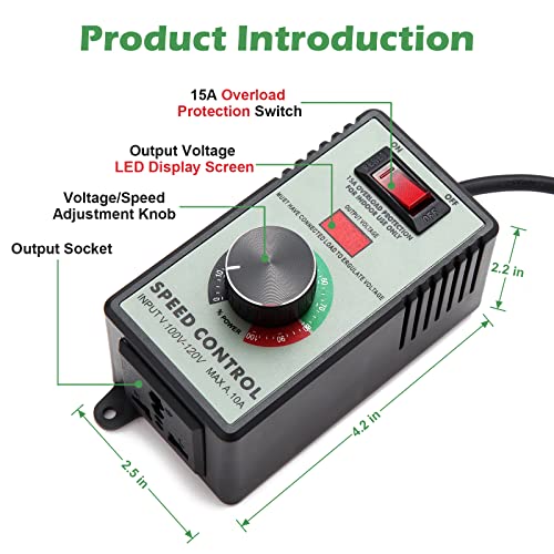 Harmnee Ac Motor Speed Controller, Ac 100V-120V & 15A Max, Ac Electric Fan Variable Speed Controller Electronic Voltage Regulator With Overload Protection Switch & Voltage Led Display Screen #TOP1