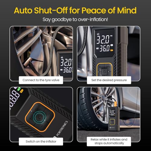 Image of Portronics Vayu 9.0 Portable & Rechargeable Tyre Inflator with 2-in-1 Cordless & Corded Modes, 3x2000 mAh Battery, LED Display, Auto Shut-Off, Type-C Fast Charging,150 PSI for Car, Bike & Sports Balls