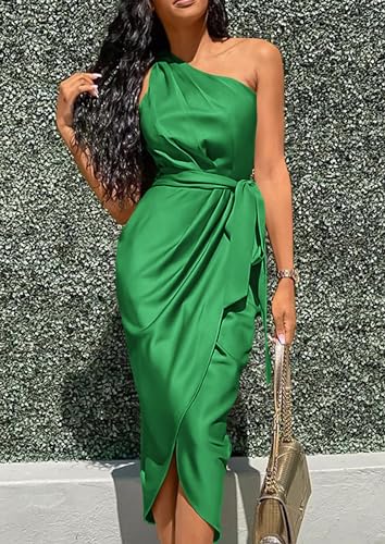 Image of PRETTYGARDEN Women's Summer One Shoulder Ruched Satin Dress Sleeveless Wrap Spring Wedding Guest Cocktail Midi Dress