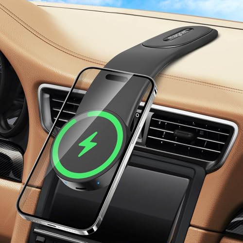 MuGaoDee スマホホルダー 車 ワイヤレス充電器 車載スマホホルダー マグネット magsafe充電器 車載ホルダー 15W急速充電 マグセーフ充電器 車 携帯ホルダー 折り畳み可能 形状記憶合金 超強磁力吸着 安定性拔群 自由調整 片手操作 3M粘着テープ カー用品 繰り返し利用可能 車用品 カー用品 iPhone/Android全機種対応・全車種対応 (ブラック)の商品画像（Amazon）