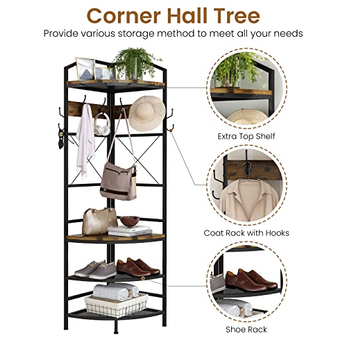 Lamerge Corner Hall Tree With Shoe Rack, Industrial Corner Coat Rack With 6 Hooks And Storage Shelf, Multifunctional Corner Organizer For Entryway, Hallway, Bedroom, Rustic Brown (Hall Tree003) #TOP4