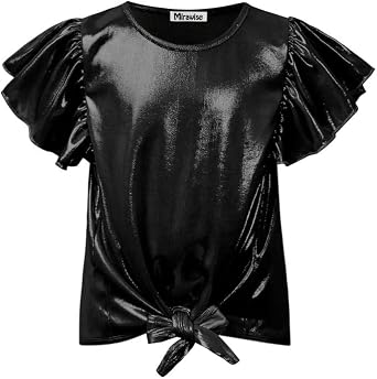 Mirawise Girls Shirts Metallic Tops Clothes Tshirt Ruffle Short Sleeve Tee Size 6-14