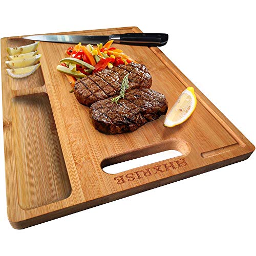 HHXRISE Organic Bamboo Cutting Board For Kitchen, With 2 Built-In Compartments And Juice