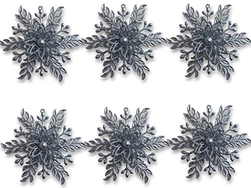 Silver Snowflake Ornaments - Set Of 6 - Glittered Christmas Ornaments - 3-D Snowflakes - Silver Winter Holiday Party Décor #TOP6
