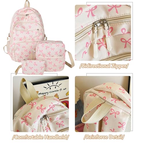 APLUSH 3Pcs Bow Backpack Set,Large Capacity Nylon Material Cute Daypack Set,Aesthetic Bow Rucksack with Built-In Organizer,White 13