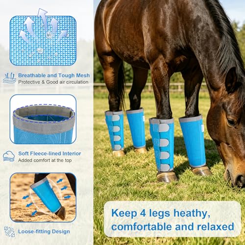 Image of Reflective Horse Fly Boots Set of 4, Loose Fitting Leggings for Horses, Equine Fly Leg Wraps Socks for 4 Legs, Breathable Adjustable and Universal Fit, Reliable Stay Put and on (Sky Blue)