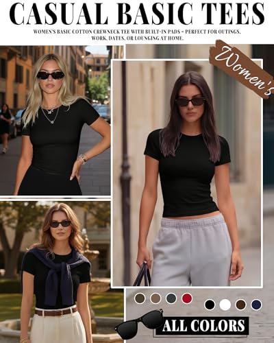 Image of Evervibe Women Built-in Bra Short Sleeve Shirts Crewneck T-Shirt Slim Fit Going Out Tops Casual Summer Basic Tees