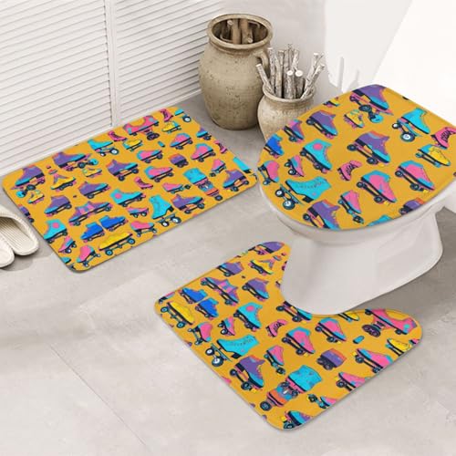 KAPPTYY Set di 3 tappeti da bagno colorati con stampa di pattini a rotelle, 80 x 50,8 cm, tappetini antiscivolo per suite, casa vacanze, tappeti assorbenti
