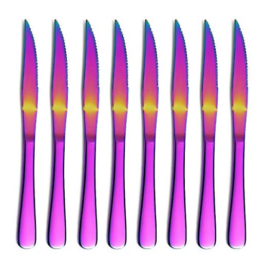 Set di coltelli da bistecca arcobaleno,Kyrtaon coltello seghettato colorato, set di coltelli affilati in acciaio inossidabile con placcatura multicolor in titanio, set di 8 coltelli da tavola