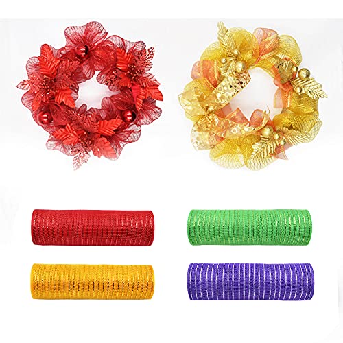 Poly Mesh Ribbon 4 Rolls Poly Burlap Ribbon Metallic Fall Mesh Metallic Foil Mesh Red Gold Purple Green for Home DIY Crafts Making Christmas Party Decoration (6 in x 30 Feet)
