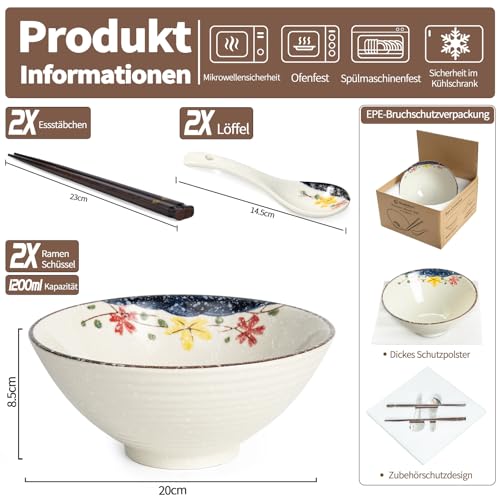 Ramen Schüssel Set 2 x 1200ml Keramik Ramen Bowl mit Essstäbchen und Löffeln,Japanisches Stil Porzellan Geschirr Suppenschüssel Groß Salatschüssel Pho Bowl,Mikrowelle & Spülmaschinenfest,Blume