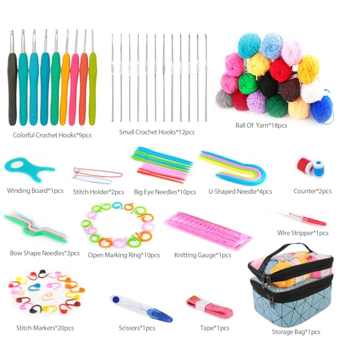 مجموعة كروشيه للمبتدئين، 95 قطعة من مجموعة الكروشيه للمبتدئين والبالغين، تتضمن مجموعات الكروشيه الغزل ومجموعة الكروشيه للمبتدئين ومجموعة خطاف الكروشيه مع خيوط الكروشيه واكسسوارات الكروشيه