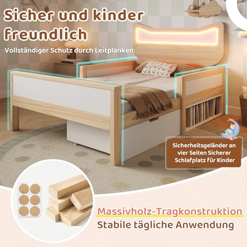 Cama infantil con rejilla protectora de roble y cajones para ordenar dormitorios 8