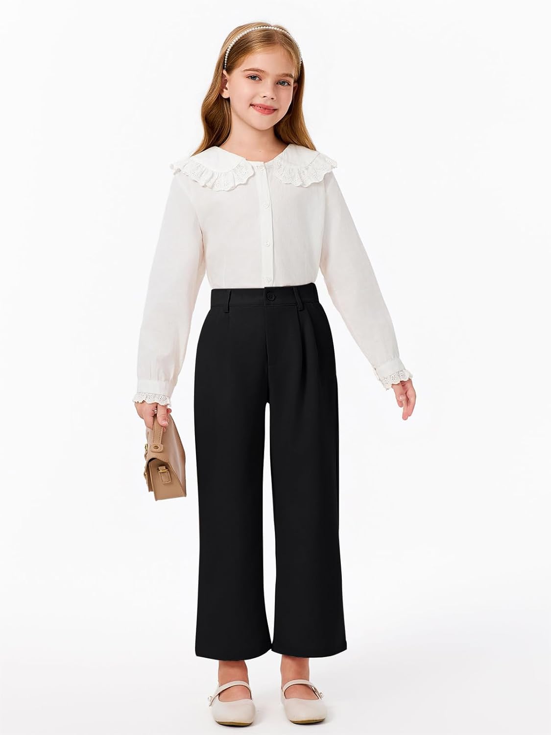 Haloumoning Girls Uniform Pants Kids High Waisted Wide Leg Dress Pants Casual Trousers with Pockets 5-14 Years - Image 4