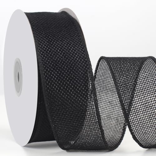 Phinus Burlap Wired Edge Ribbon (Black), 1.5inx16.5 Yard for Big Bows, Wreaths...