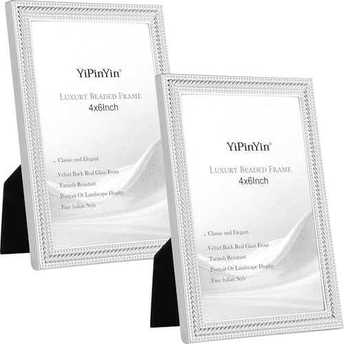Classy Silver Plated 4x6 Picture Frame 2 Pack 6x4 Beaded Metal photo Frames with Real Glass & Velvet Backing Hi End Classy Silver Frame 6x4 for Tabletop Display or Wall Mounting
