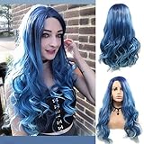 Peluca sintética de encaje frontal azul a azul oscuro: encaje frontal atado a mano de 13 x 3 pulgadas y sintético de alta calidad que se ve realista y natural, parece tu propio cabello real y suave al tacto.