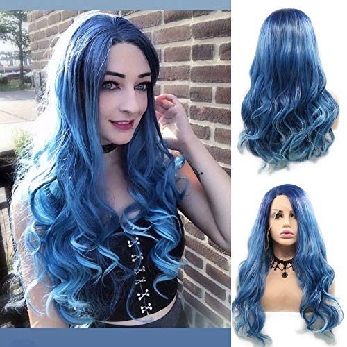 RainaHair Peluca de encaje azul oscuro con puntas de cabello blanco, pelucas sintéticas de...