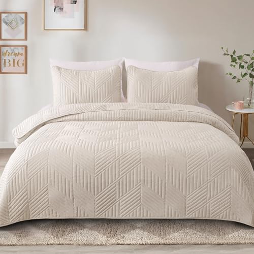 Exclusivo Mezcla Ultrasonic Full Queen Quilt Bedding Set, Lightweight Brich Beige Bedspreads Soft Modern Geometric Coverlet Set for All Seasons (1 Quilt and 2 Pillow Shams)