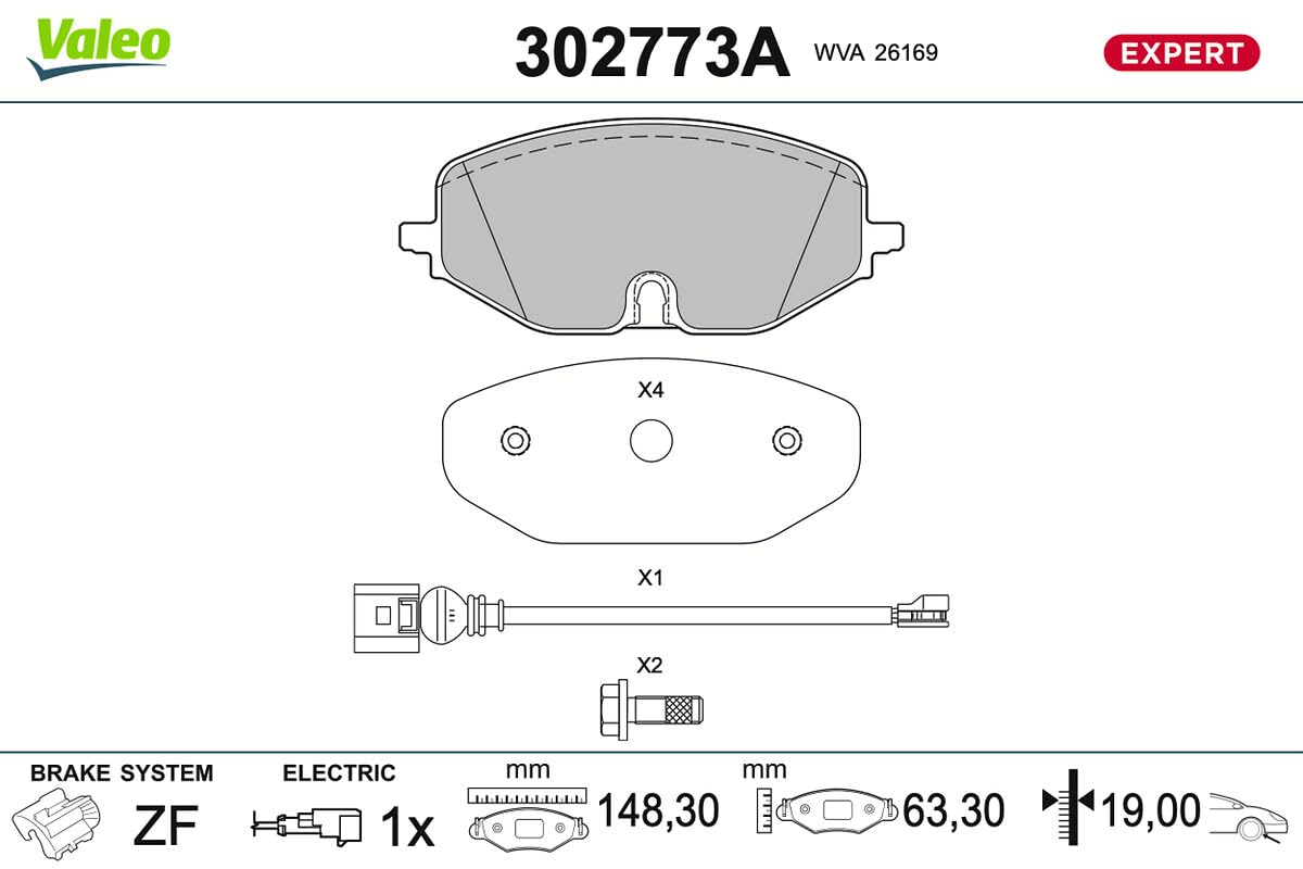 VALEO Klocki hamulcowe Expert 302773A, Zestaw 4 klocków, Oś przednia, W pełni wyposażone w akcesoria - Certyfikat ECE-R90