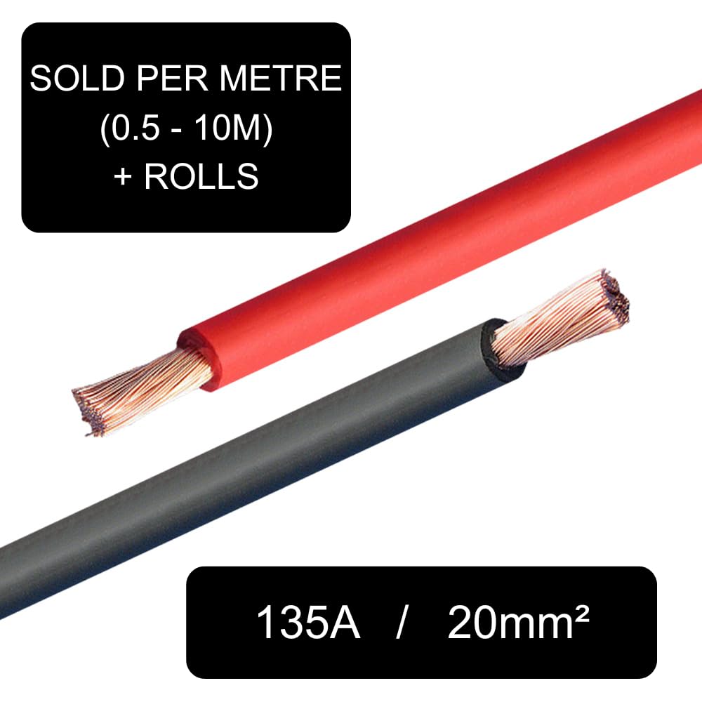 DBG Câble de batterie en PVC Hi-Flex | Noyau en cuivre pur de 20 mm² | 4 AWG | Fil d'alimentation flexible | Classé 135 A | Nombre élevé de brins pour un maximum de flexibilité | Options rouge et noir