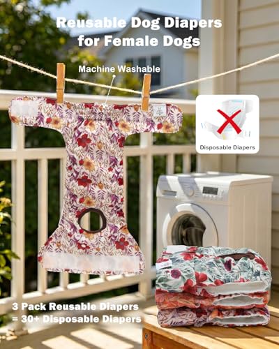 Image of CuteBone Dog Diapers Female Washable Small Medium Large 3 Pack Reusable Doggie Diapers Puppy Period Pants for Doggy Heat Cycle Peeing