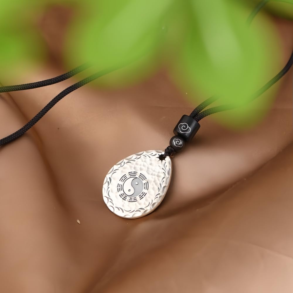 ForFox Collana Yin Yang in argento sterling 999 per uomo donna ciondolo a goccia martellato con cordino nero 60cm