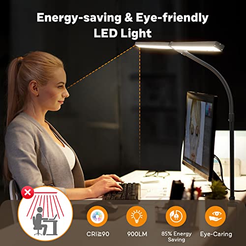 Apmiek Led Desk Lamp, Dimmable Led Desk Light With Clamp, Architect Lamp With Adjustable Gooseneck For Office Home Bedroom,24W, Double Head, Black #TOP4